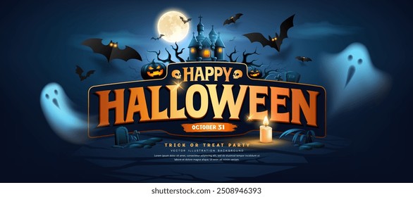 Happy Halloween text design, ghost, bat flying pumpkins, candle, moonnight, banner design on dark blue background, Eps 10 vector illustration