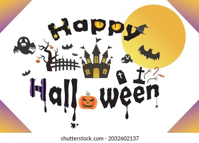 Happy Halloween, text design objects, pumpkin ghosts and graves, gey knack, bats, ghosts, spooky trees