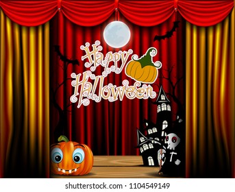 Happy Halloween text design with pumpkin on red curtain, haunted house and full moon. invitation template