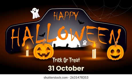 happy halloween text design with pumpkins, ghost, bats and candles. ideal for party invitations, social media posts, or website decorations.