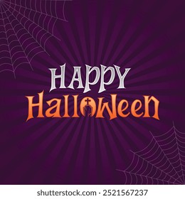 Happy Halloween Text Design, Grabstein, Cobweb, Sunburst, Quadratisches Banner Design auf dunkelviolettem Hintergrund. Vorlage für Event-Promotion und Social-Media-Post. Vektorgrafik.