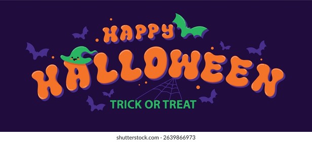 Happy halloween text design vector. Purple background with orange text and bat. Halloween festival illustration for decoration, prints, banner, stickers.
