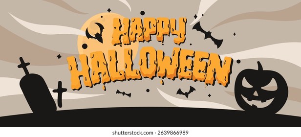 Happy halloween text design vector. Beige background with orange text, pumpkin, bat, grave. Halloween festival illustration for decoration, prints, banner, stickers.