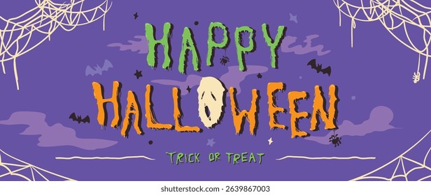 Happy halloween text design vector. Purple background with orange and green text, cobweb, spider, bat, ghost. Halloween festival illustration for decoration, prints, banner, stickers.