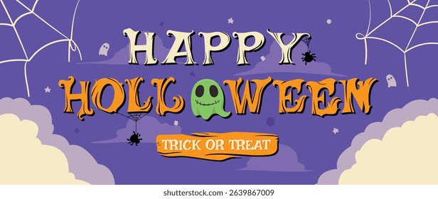 Happy halloween text design vector. Purple background with orange and white text, cobweb, spider, ghost. Halloween festival illustration for decoration, prints, banner, stickers.