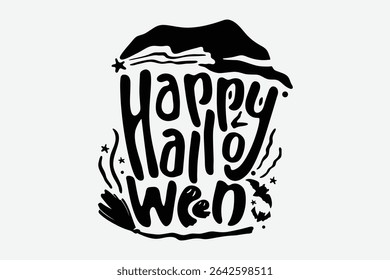 Feliz vetor de design de texto de Halloween. Fundo branco com texto preto, morcego, estrela. Ilustração do festival de Halloween para decoração, impressões, banner, adesivos.