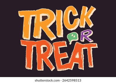 Happy halloween text design vector. Brown background with yellow and orange trick or treat text, ghost. Halloween festival illustration for decoration, prints, banner, stickers.