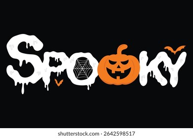 Happy halloween text design vector. Dark background with white spooky text, bat, pumpkin. Halloween festival illustration for decoration, prints, banner, stickers.