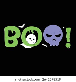 Happy halloween text design vector. Dark background with green boo text, ghost, bat, skull. Halloween festival illustration for decoration, prints, banner, stickers.