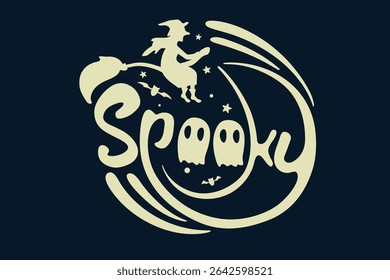Happy halloween text design vector. Navy blue background with beige spooky text, ghost, witch, bat, star. Halloween festival illustration for decoration, prints, banner, stickers.