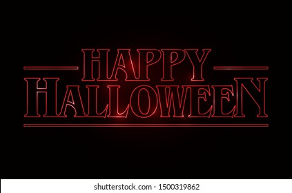 Happy Halloween text design, Happy Halloween word with Red glow text on black background. 80's style, eighties design. Vector illustration