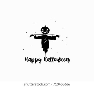 Happy halloween text, devil, horror, night, scare crow, party and celebration, vector illustration