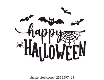 Happy Halloween Text with Halloween Elements Black, Spooky Typography Design, Festive Halloween Greeting, Trick or Treat Theme, Dark Halloween Decorations, Ghosts, Bats, and Pumpkins Design