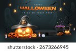 Happy halloween text with empty black podium for show product with realistic 3D element, pumpkin, ghost, bat flying, candle, eye, magic cauldron, tree halloween, gravestone and cross on dark scene.