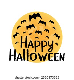 Happy halloween text and flying bats on background of yellow moon. Vector illustration