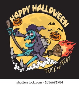 Happy Halloween text with a flying witch with pumpkins and bats on full moon background, Vector illustration 