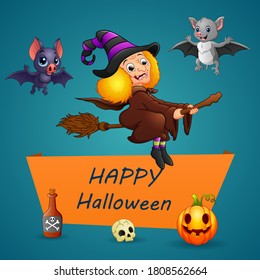 Happy Halloween Text with flying witches and bats