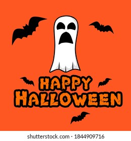 Happy Halloween text and ghost vector flying bat 