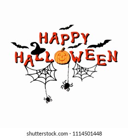 Happy halloween text with ghosts, bat and spiders.