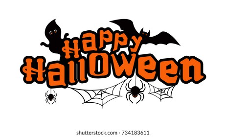 Happy halloween text with ghosts, bat and spiders.