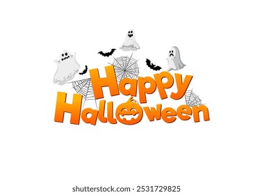 Happy Halloween Text with Graphics EPS: A vibrant design showcasing "Happy Halloween" adorned with playful graphics like spooky ghosts, carved pumpkins, and bats, ideal for festive decorations