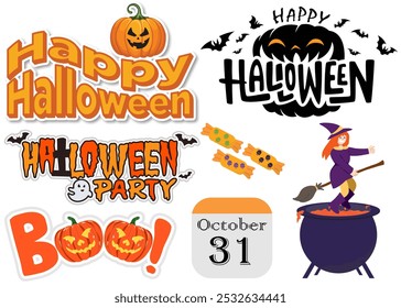 Happy Halloween Text and Graphics Sets, Festive Spooky Design, Eerie Typography, Colorful Halloween Illustrations, Fun Trick-or-Treat Elements, Perfect for Halloween Cards, Decorations