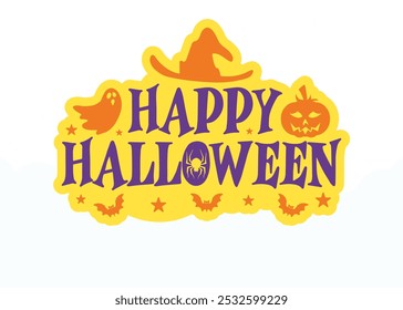 Texto feliz de Halloween con gráficos, diseño de tipografía espeluznante, saludo festivo de Halloween, Elementos e iconos inquietantes, linternas Jack-o', fantasmas y murciélagos, divertida decoración de Halloween, tema de truco o trato