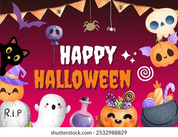 Happy Halloween Text with Halloween Graphics, Spooky Typography Design, Festive Decor Elements, Fun Trick or Treat Lettering, Eerie Halloween Artwork