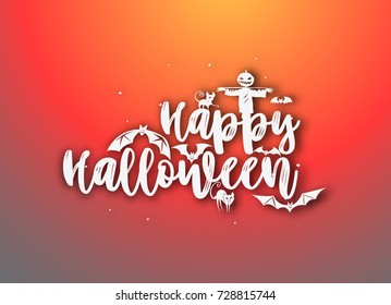 Happy halloween text, hand drawn on orange background, scary, horror, celebration, holiday, vector illustration