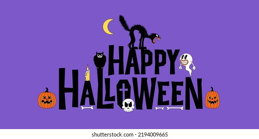 Happy Halloween text. Holiday lettering with funny characters for banner, poster, greeting card, party invitation. Vector illustration in funny comic style, flat design. 