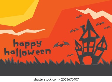 Happy Halloween text and illustration of silhouette haunted house and some bat flying under the moon light