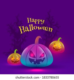 Happy Halloween Text with Jack-O-Lanterns in Gradient Lights Effect and Spooky Trees on Purple Background.