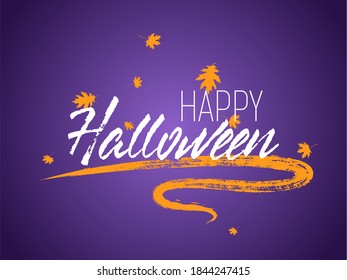 Happy Halloween text lettering calligraphic vector illustration. Autumn falling leaves. Happy halloween. Hand drawn creative calligraphy and brush pen lettering. 