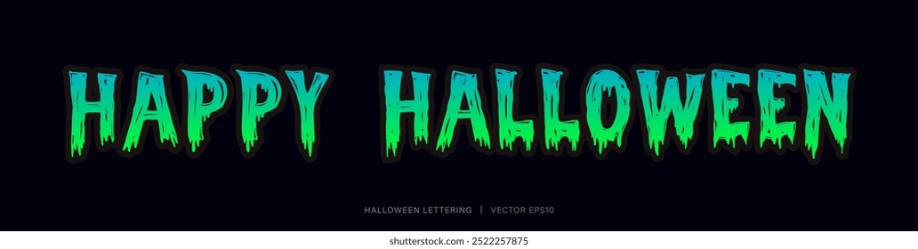 Happy Halloween text lettering typography in glowing green cyan color on dark black banner background 