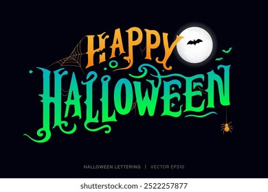 Feliz Halloween texto lettering tipografia com elementos de decoração, incluindo teia de aranha, lua e morcego no fundo preto escuro 