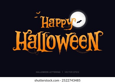 Happy Halloween text lettering typography with moon and bat decoration on dark black background 
