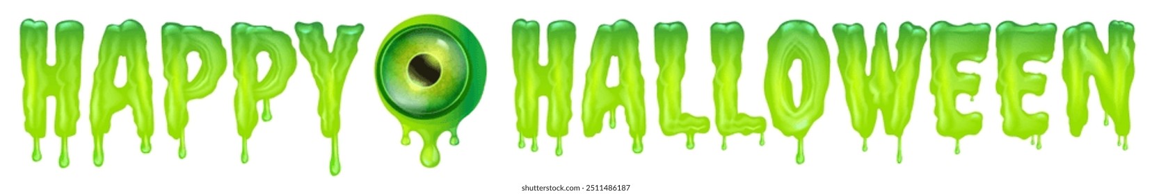 Happy halloween text with liquid green slime and zombie green eye isolated on white background. Wide happy halloween banner, poster, flyer and poster with melting text and monster eyeball