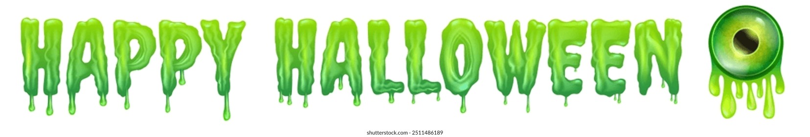 Happy halloween text with liquid green slime and zombie green eye isolated on white background. Wide happy halloween banner, poster, flyer and poster with melting text and monster eyeball