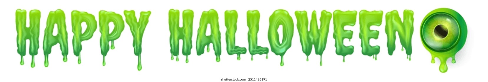 Happy halloween text with liquid green slime and zombie green eye isolated on white background. Wide happy halloween banner, poster, flyer and poster with melting text and monster eyeball