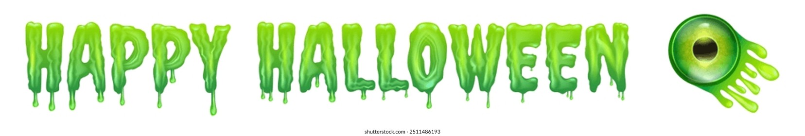 Happy halloween text with liquid green slime and zombie green eye isolated on white background. Wide happy halloween banner, poster, flyer and poster with melting text and monster eyeball