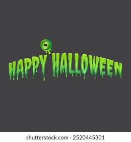 Happy halloween text with liquid green slime and zombie green eye isolated on grey background. Square happy halloween banner, poster, flyer and poster with melting text and monster eyeball