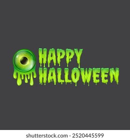 Happy halloween text logo with liquid green slime and zombie green eye isolated on grey background. Square happy halloween banner, poster, flyer and poster with melting text and monster eyeball