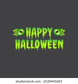 Happy halloween text logo with liquid green slime and zombie green eye isolated on grey background. Square happy halloween banner, poster, flyer and poster with melting text and monster eyeball