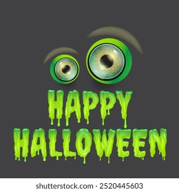 Happy halloween text logo with liquid green slime and zombie green eye isolated on grey background. Square happy halloween banner, poster, flyer and poster with melting text and monster eyeball