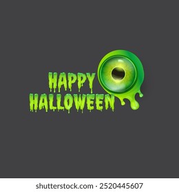 Happy halloween text logo with liquid green slime and zombie green eye isolated on grey background. Square happy halloween banner, poster, flyer and poster with melting text and monster eyeball