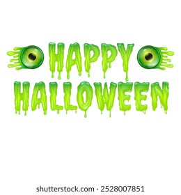 Happy halloween text logo with liquid green slime and zombie green eye isolated on transaparent background. Square happy halloween png banner, poster and poster with melting text and monster eyeball