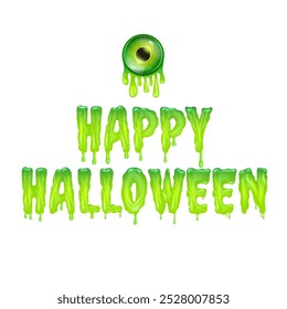 Happy halloween text logo with liquid green slime and zombie green eye isolated on transaparent background. Square happy halloween png banner, poster and poster with melting text and monster eyeball