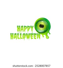 Happy halloween text logo with liquid green slime and zombie green eye isolated on transaparent background. Square happy halloween png banner, poster and poster with melting text and monster eyeball