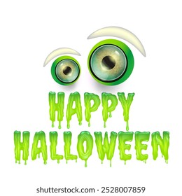 Happy halloween text logo with liquid green slime and zombie green eye isolated on transaparent background. Square happy halloween png banner, poster and poster with melting text and monster eyeball