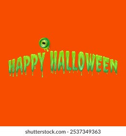 Happy halloween text logo with liquid green slime and zombie green eye isolated on orange background. Square happy halloween banner, poster, flyer and poster with melting text and monster eyeball